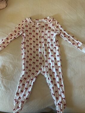 Petite Plume Zip Footed Pajamas with Red Bow Print
